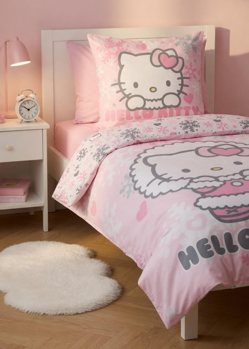 Ambiente Aufnahme vom Hello Kitty Winter Bettwäsche Set 2tlg 135x200 cm 100% Baumwolle in einem Bett. Schräge Ansicht auf das Bett. Warme Beleuchtung im Raum.