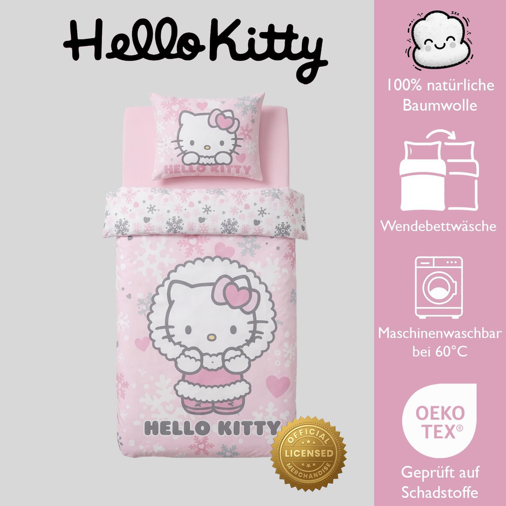 Hello Kitty Winter Bettwäsche Set 2tlg 135x200 cm 100% Baumwolle mit Produkteigenschaften