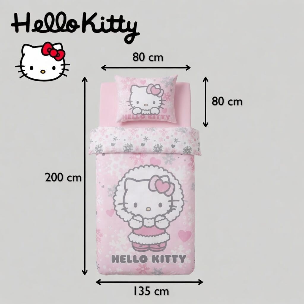 Hello Kitty Winter Bettwäsche Set 2tlg 135x200 cm 100% Baumwolle mit den Abmessungen vom Bettbezug und Kopfkissen