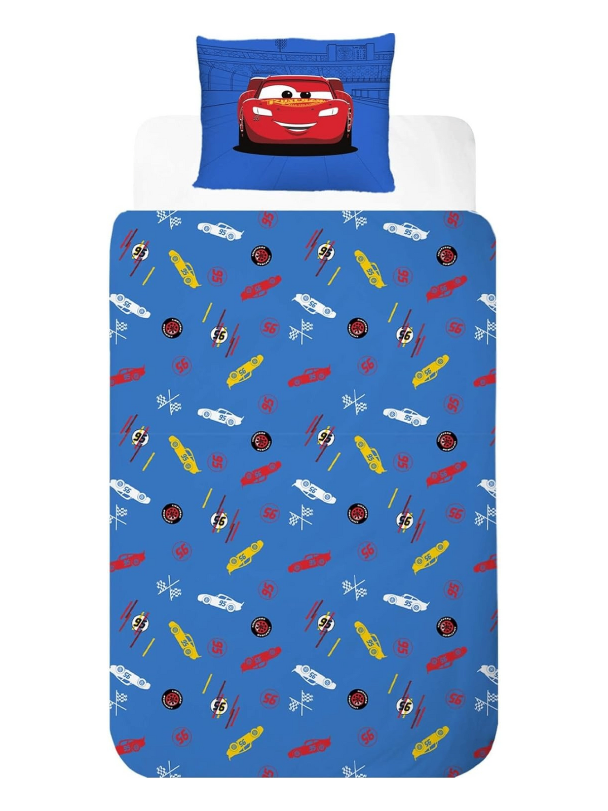 Freigestellte Produktansicht von der Rückseite vom Cars Lightning McQueen & Hook Bettwäsche Set 135x200 cm 100% Baumwolle