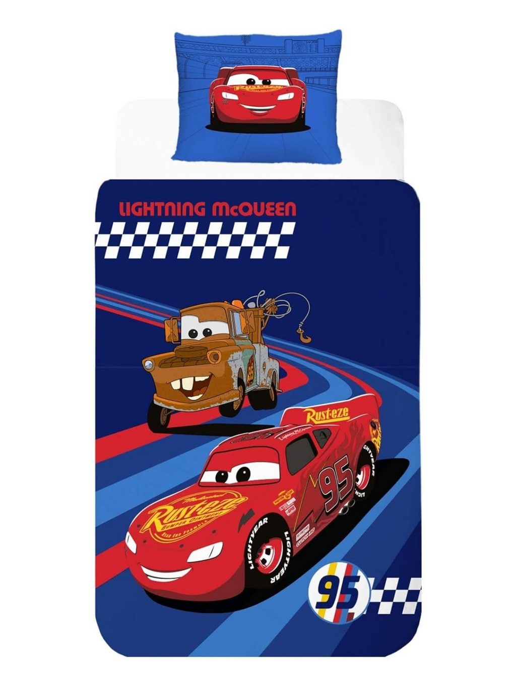 Freigestellte Produktansicht von der Vorderseite vom Cars Lightning McQueen & Hook Bettwäsche Set 135x200 cm 100% Baumwolle