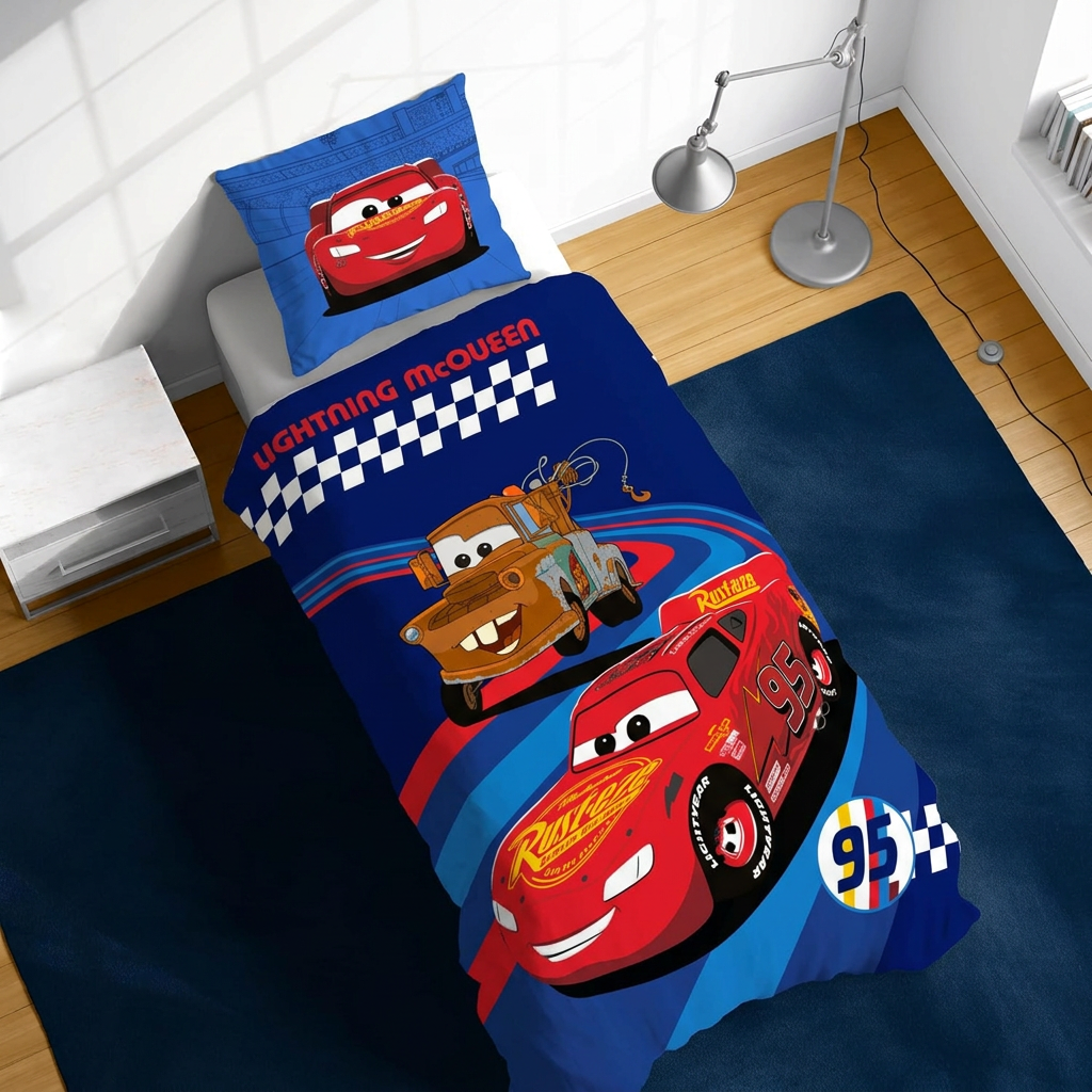 Ambiente Aufnahme von der Vorderseite vom Cars Lightning McQueen & Hook Bettwäsche Set 135x200 cm 100% Baumwolle in einem Bett