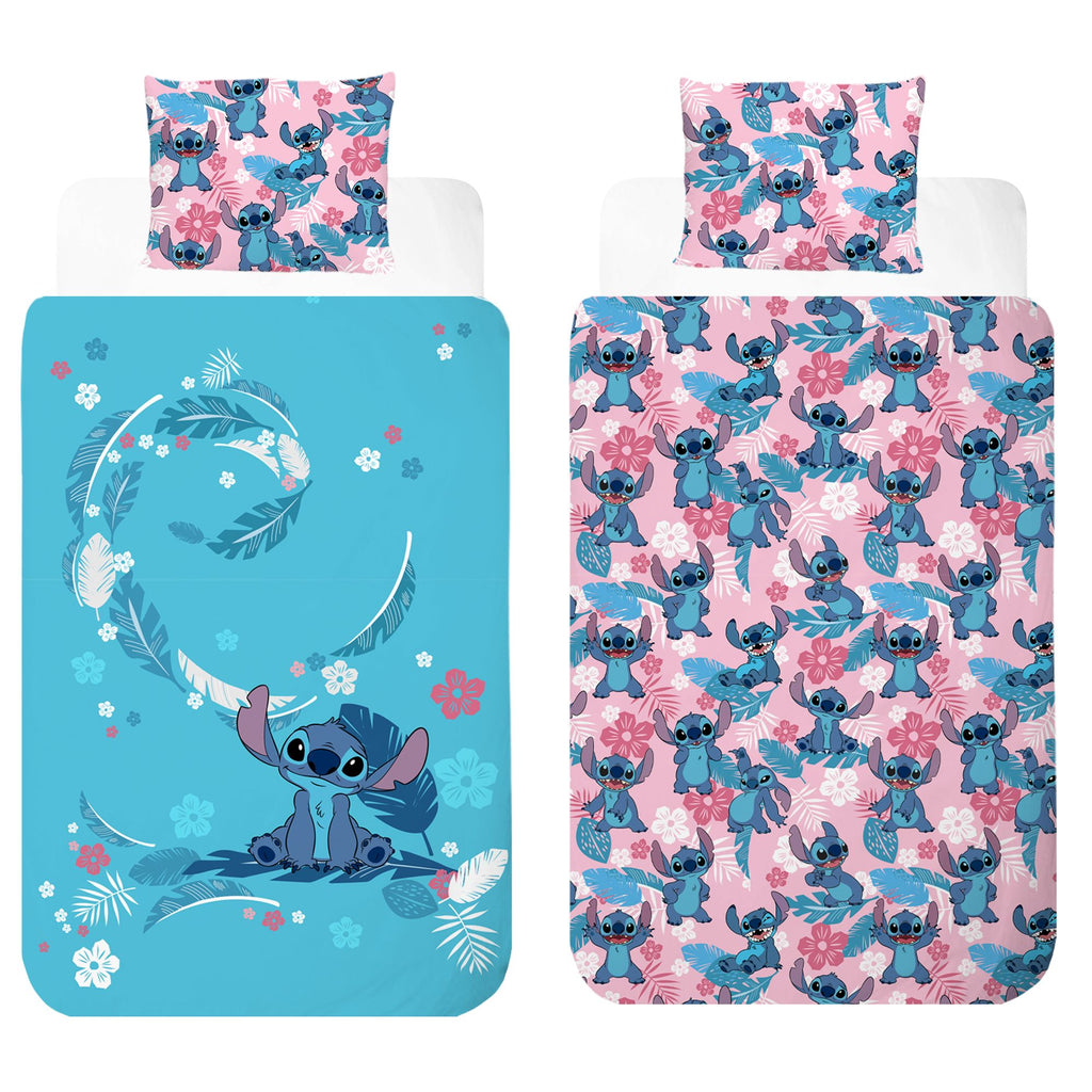 Freigestellte Produktansicht von der Vorderseite und Rückseite vom Disney Lilo und Stitch Bettwäsche Set 2tlg. 135x200 cm 100% Baumwolle