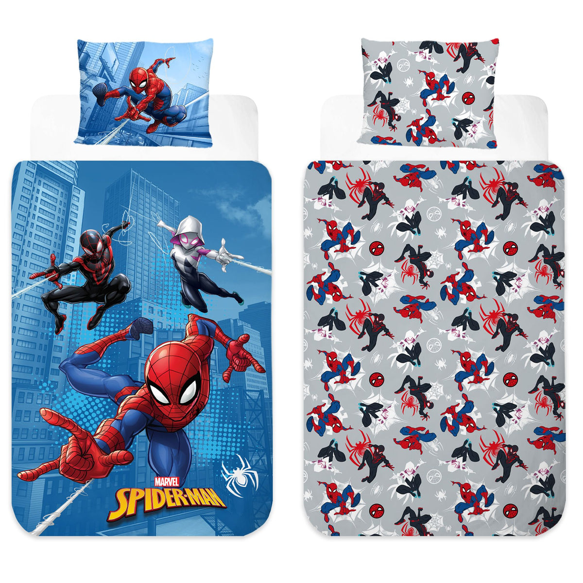 Freigestellte Produktansicht von der Vorderseite und Rückseite vom Spider-Man Bettwäsche Set 2tlg. 135x200 cm + 80x80 cm 100% Baumwolle