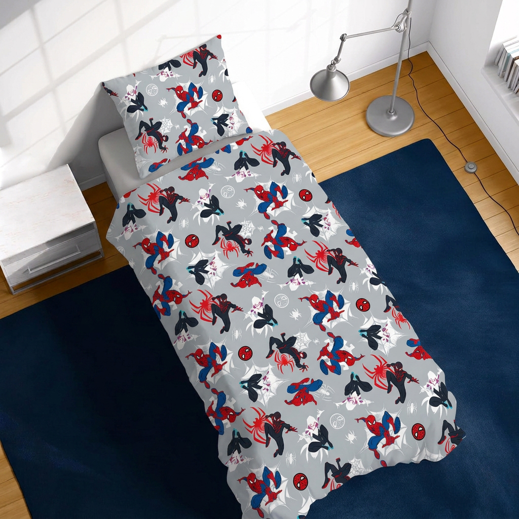 Ambiente Aufnahme von der Rückseite vom Spider-Man Bettwäsche Set 2tlg. 135x200 cm + 80x80 cm 100% Baumwolle in einem Bett