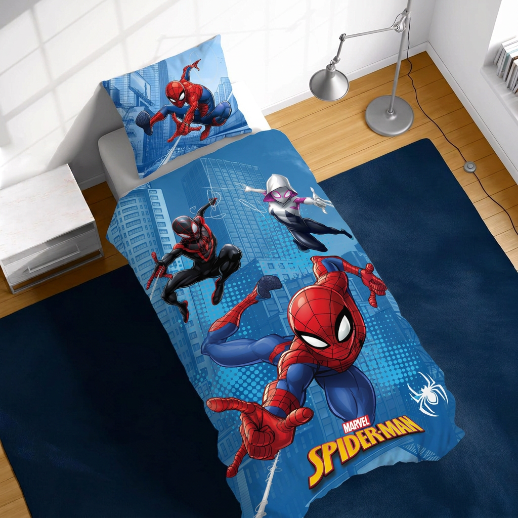 Ambiente Aufnahme von der Vorderseite vom Spider-Man Bettwäsche Set 2tlg. 135x200 cm + 80x80 cm 100% Baumwolle in einem Bett