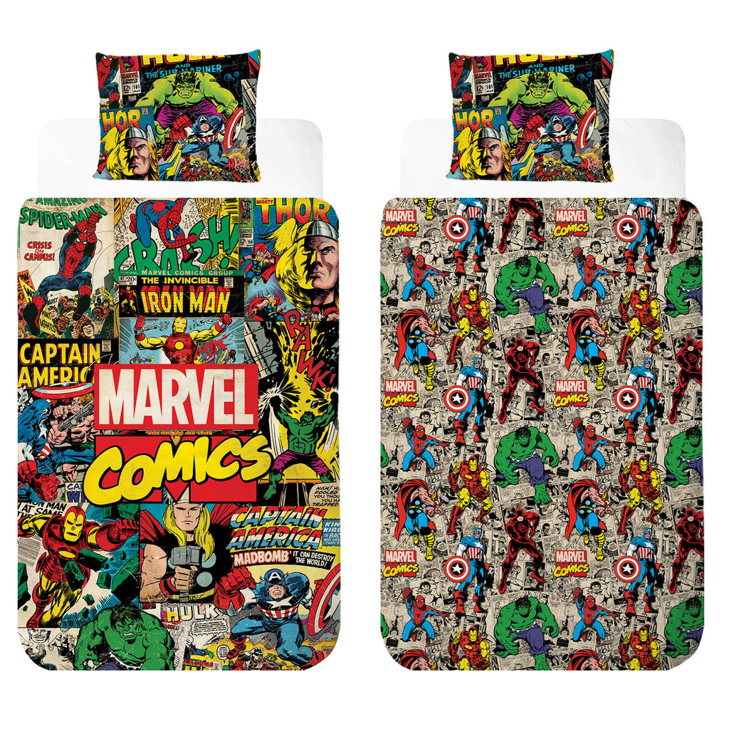 Freigestellte Produktansicht von der Vorderseite und Rückseite vom Marvel Comics Bettwäsche Set 2tlg. 135x200 cm + 80x80 cm Baumwolle