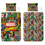 Freigestellte Produktansicht von der Vorderseite und Rückseite vom Marvel Comics Bettwäsche Set 2tlg. 135x200 cm + 80x80 cm Baumwolle