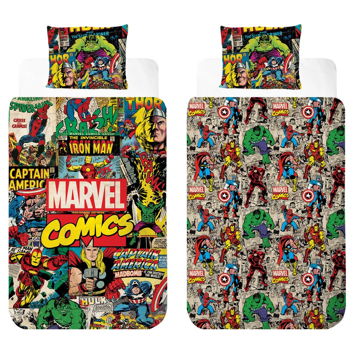 Freigestellte Produktansicht von der Vorderseite und Rückseite vom Marvel Comics Bettwäsche Set 2tlg. 135x200 cm + 80x80 cm Baumwolle