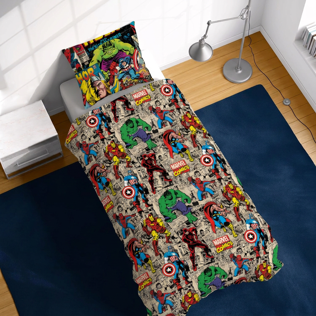 Ambiente Aufnahme von der Rückseite vom Marvel Comics Bettwäsche Set 2tlg. 135x200 cm + 80x80 cm Baumwolle in einem Bett