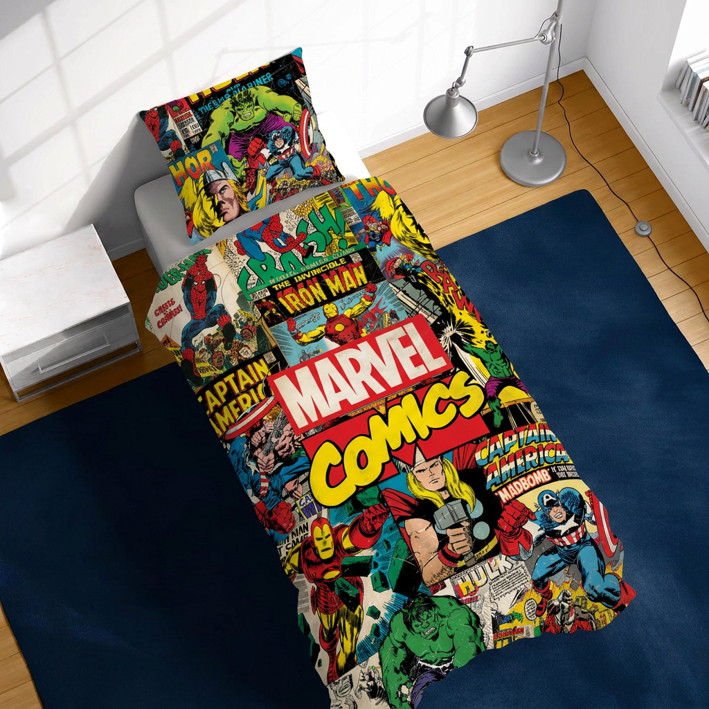 Ambiente Aufnahme von der Vorderseite vom Marvel Comics Bettwäsche Set 2tlg. 135x200 cm + 80x80 cm Baumwolle in einem Bett