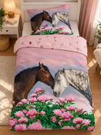 Ambiente Aufnahme vom Pferde Bettwäsche Set Blumen 2tlg. 135x200 cm + 80x80 cm Baumwolle in einem Bett