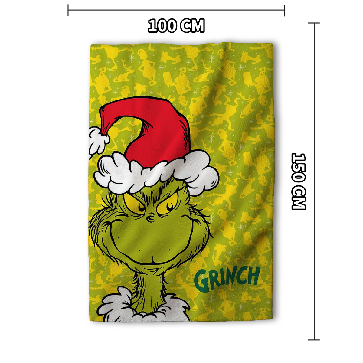 Freigestellte Produktansicht von der The Grinch Flauschdecke Kuscheldecke Fleecedecke 100 x 150 cm Grün mit Abmessungen an den Seiten