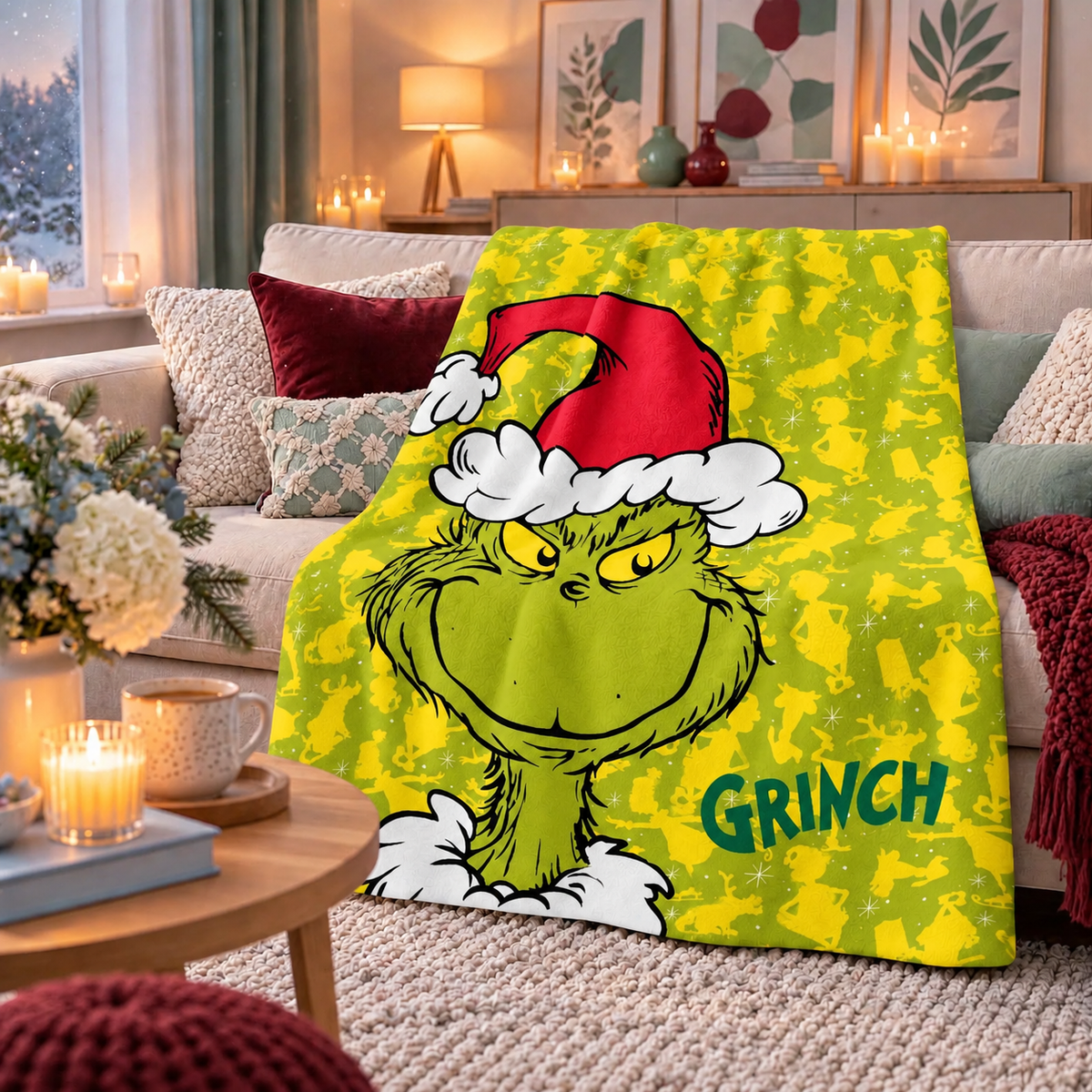 Ambiente Aufnahme von der The Grinch Flauschdecke Kuscheldecke Fleecedecke 100 x 150 cm Grün auf einem Sofa