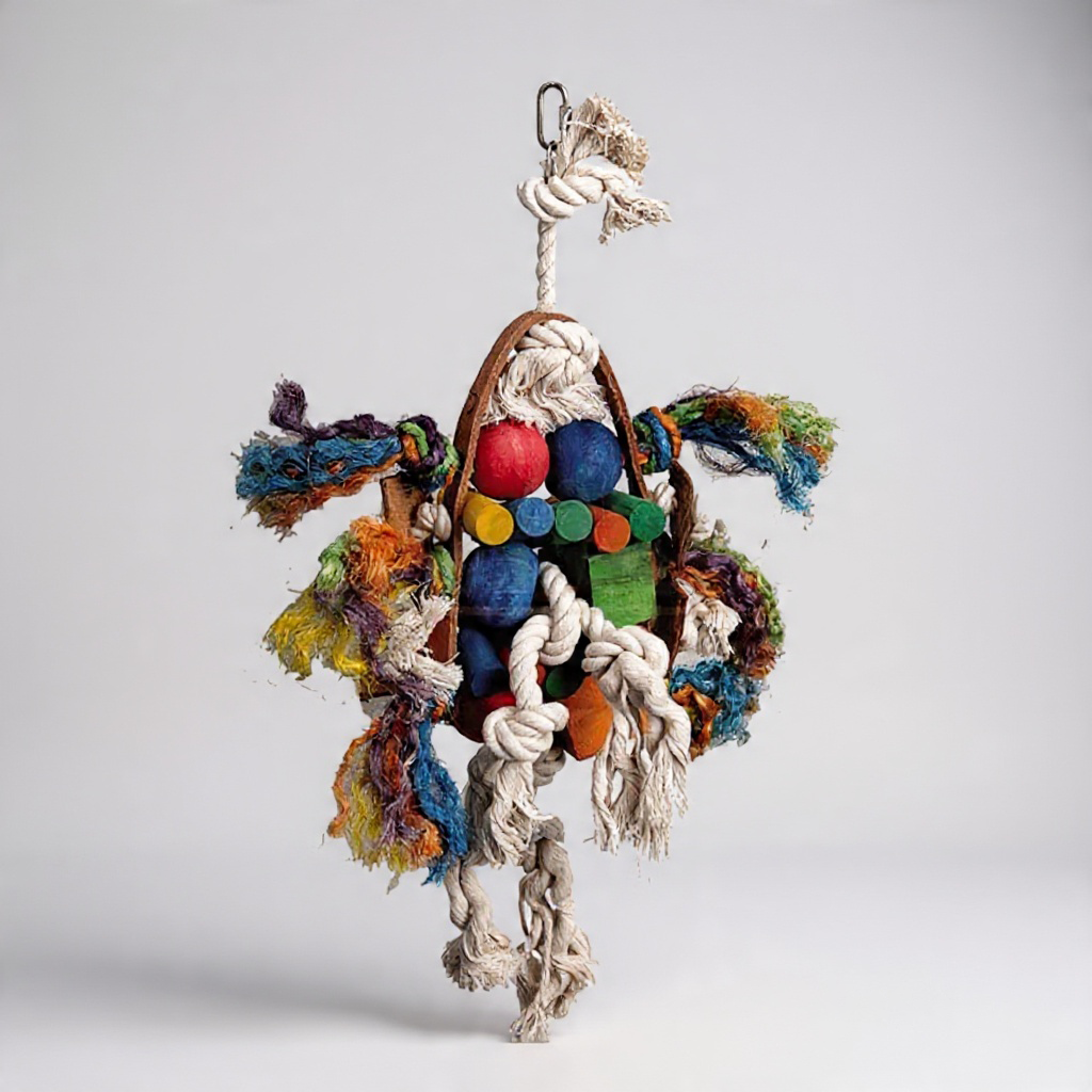 Studio-Aufnahme von Papageienspielzeug Vogelspielzeug Holz & Seil zum Aufhängen, 52cm