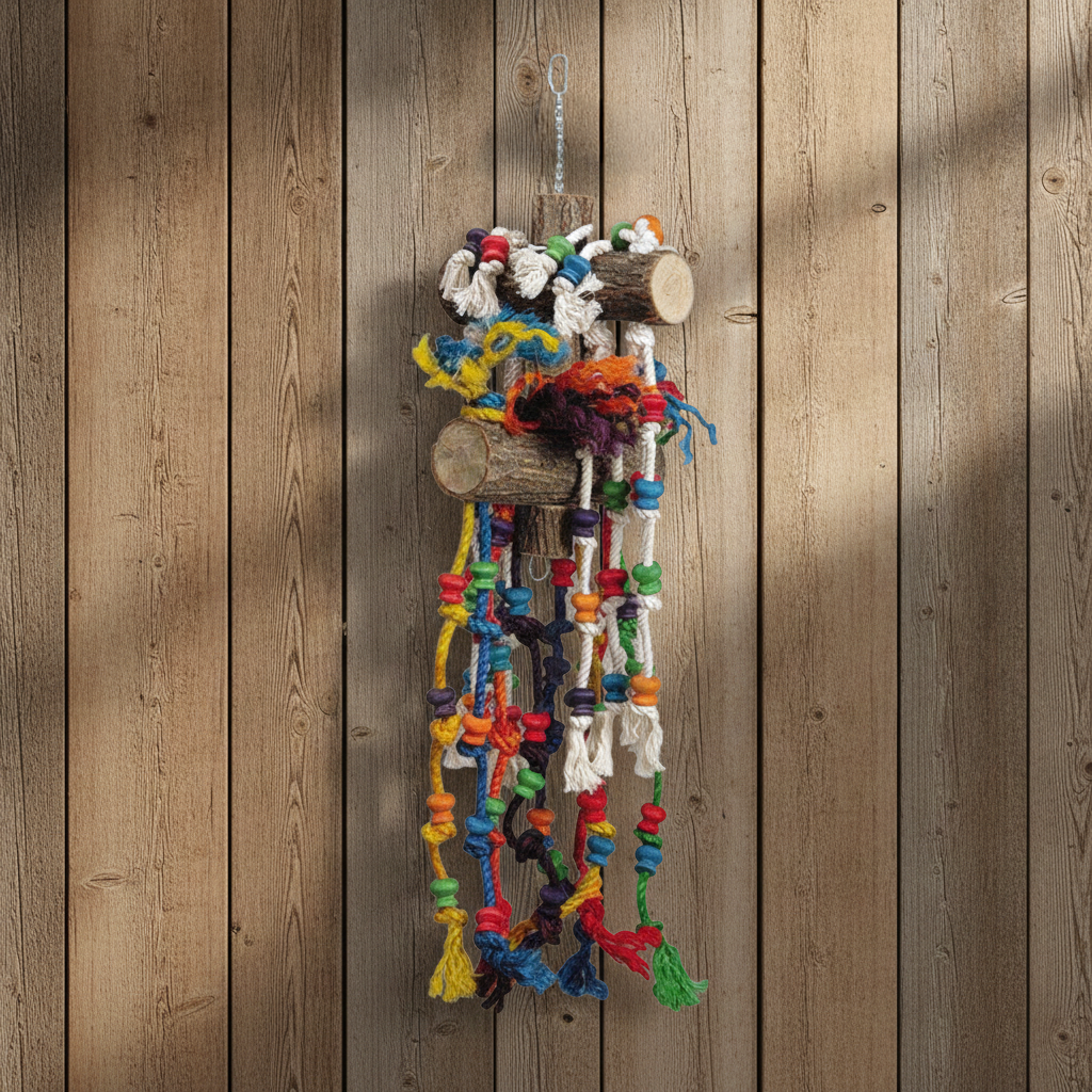 XXL Papageienspielzeug 90cm aus Naturholz & Seilen zum Aufhängen auf einem Boden aus Holz