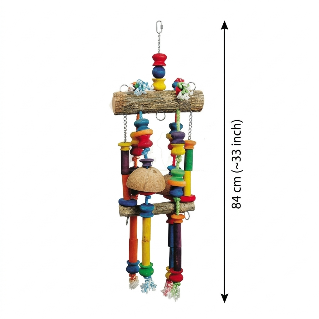 Freigestellte Produktansicht von XXL Papageienschaukel 84cm aus Naturholz & Kokosnuss zum Klettern mit Abmessungen neben dem Produkt