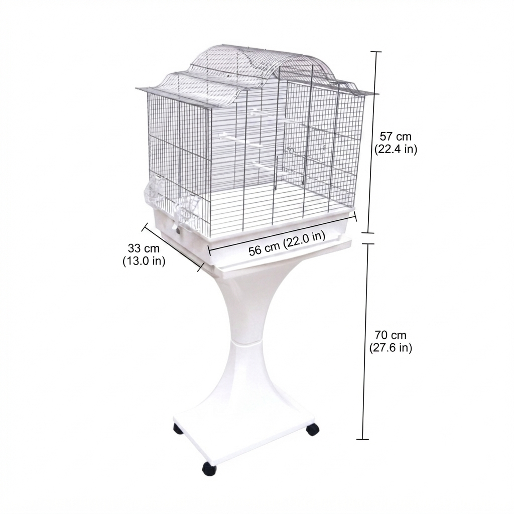 Vogelkäfig groß mit Ständer Chrom/Weiß für Sittiche 56x33x57 cm mit Abmessungen neben dem Produkt