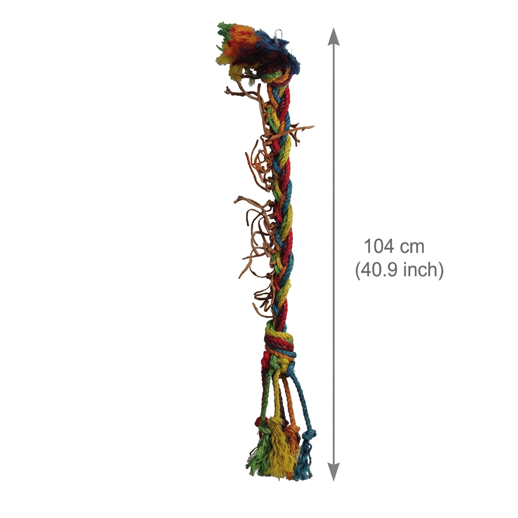 Freigestellte Produktansicht von Papageienspielzeug Vogelspielzeug Hanfseil Kletterseil ca. 104 cm mit Abmessungen neben dem Produkt.