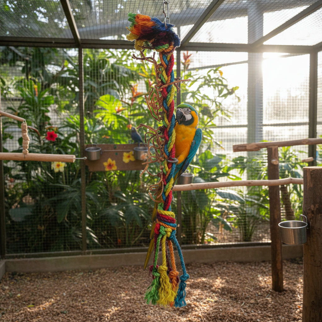 Papageienspielzeug Vogelspielzeug Hanfseil Kletterseil ca. 104 cm in einer Voliere mit einem Papageien