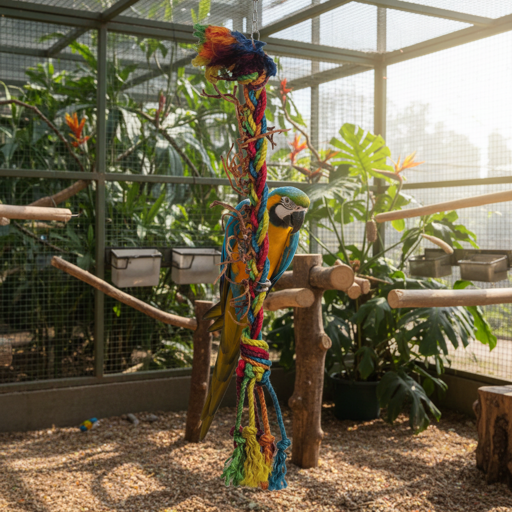 Papageienspielzeug Vogelspielzeug Hanfseil Kletterseil ca. 104 cm in einer Voliere mit einem Papageien