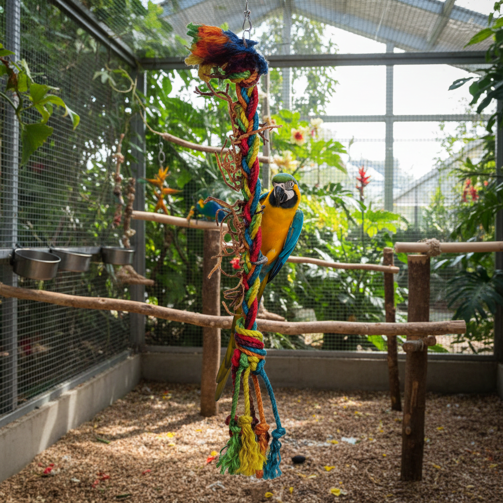 Papageienspielzeug Vogelspielzeug Hanfseil Kletterseil ca. 104 cm in einer Voliere mit einem Papageien