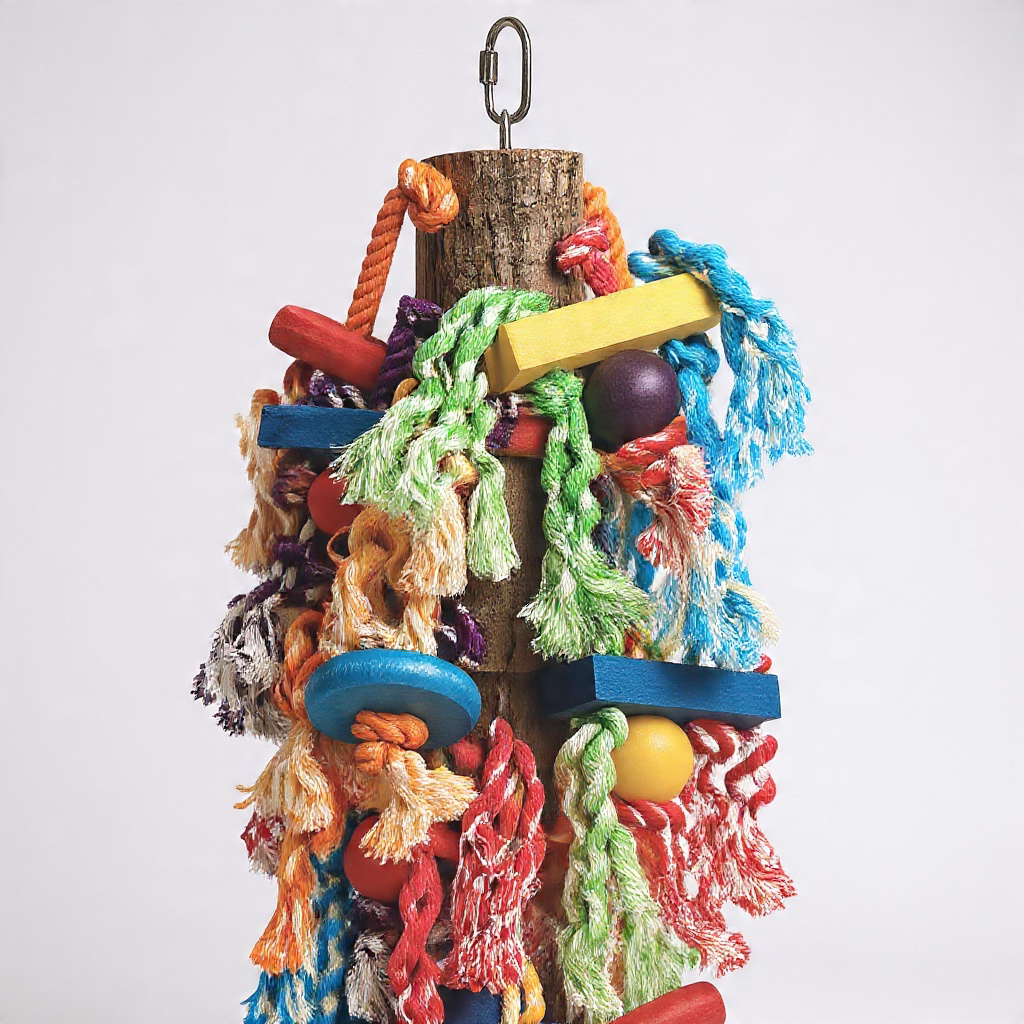 Nahaufnahme von Papageienspielzeug XXL mit Holzstücken & Baumwollseilen ca. 50 cm