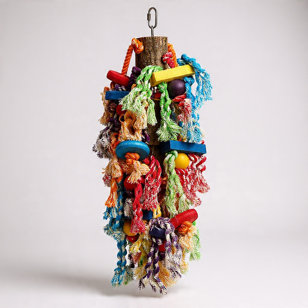 Studio-Aufnahme von Papageienspielzeug XXL mit Holzstücken & Baumwollseilen ca. 50 cm