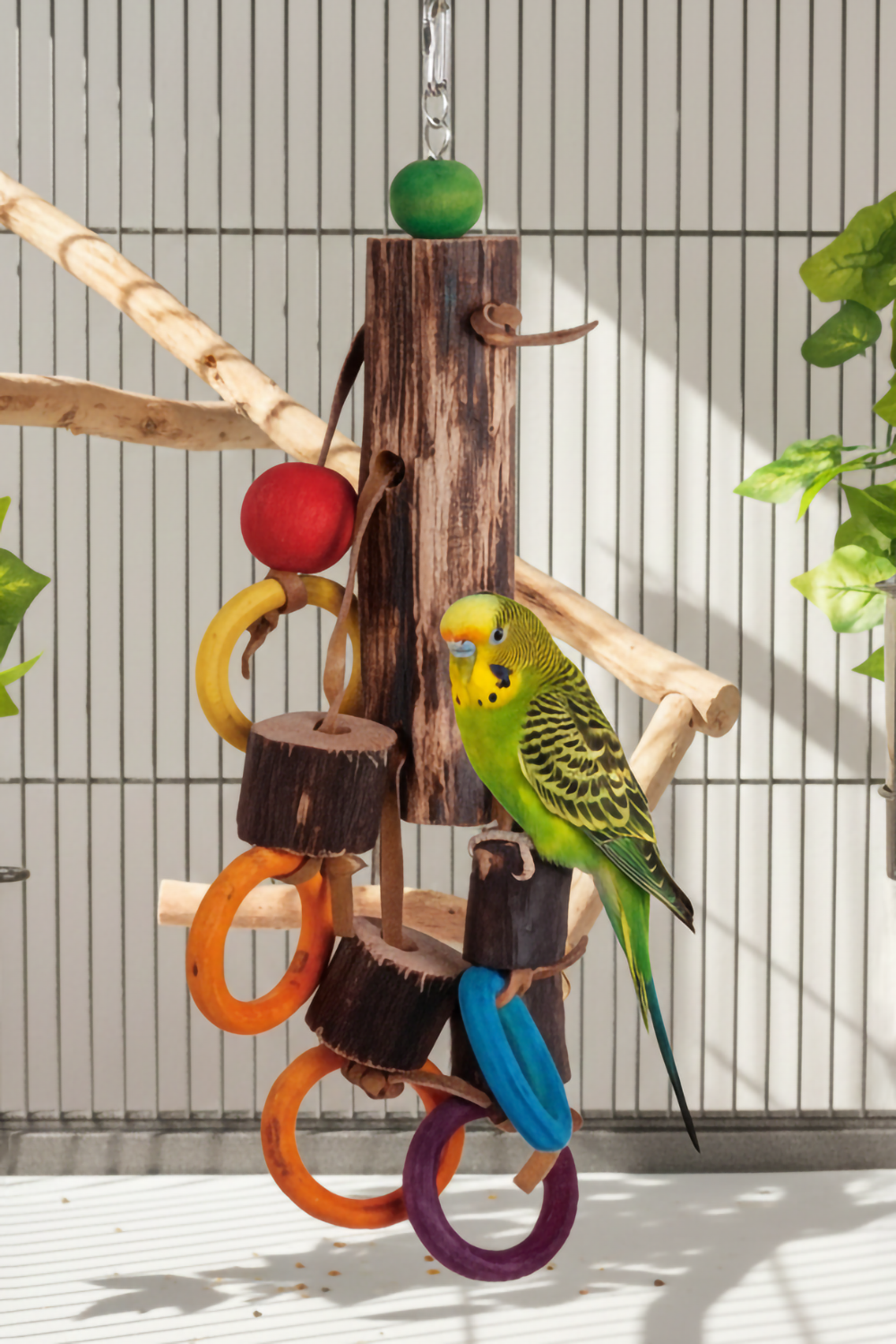 Papageienspielzeug 45cm aus Naturholz - Buntes Vogelspielzeug in einem Vogelkäfig mit einem Wellensittich