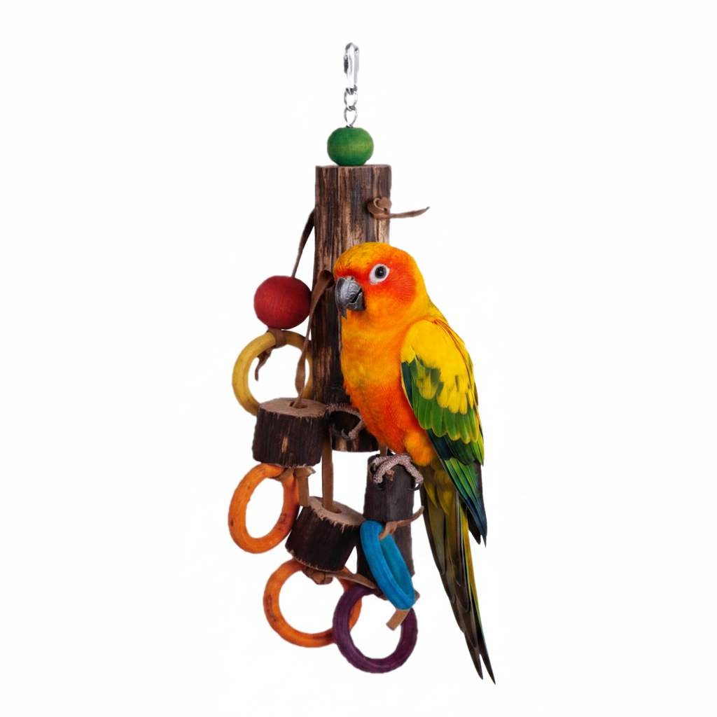 Freigestellte Produktansicht von Papageienspielzeug 45cm aus Naturholz - Buntes Vogelspielzeug mit einem Vogel