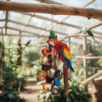 Papageienspielzeug 45cm aus Naturholz - Buntes Vogelspielzeug in einem Vogelkäfig mit einem Papageien