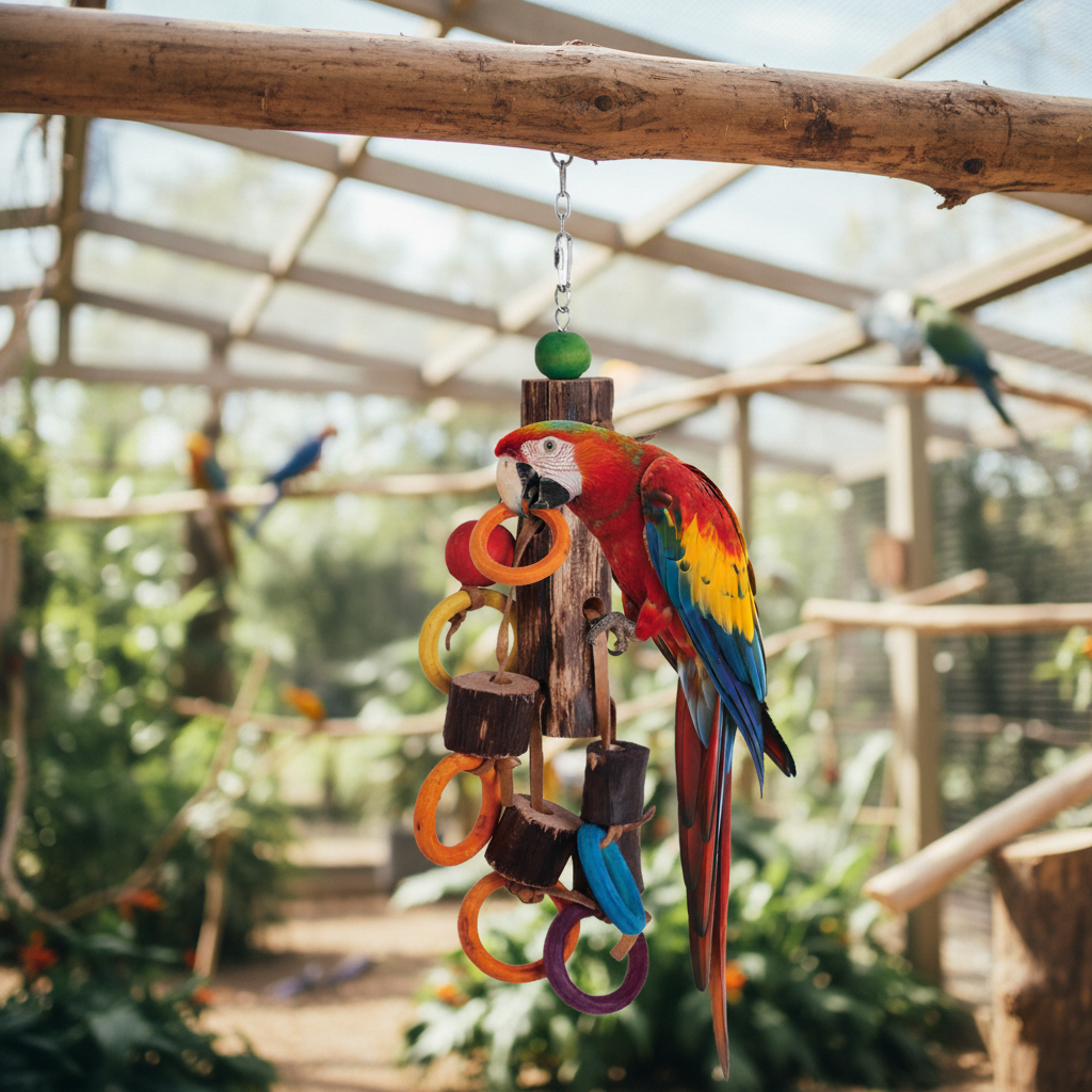 Papageienspielzeug 45cm aus Naturholz - Buntes Vogelspielzeug in einem Vogelkäfig mit einem Papageien