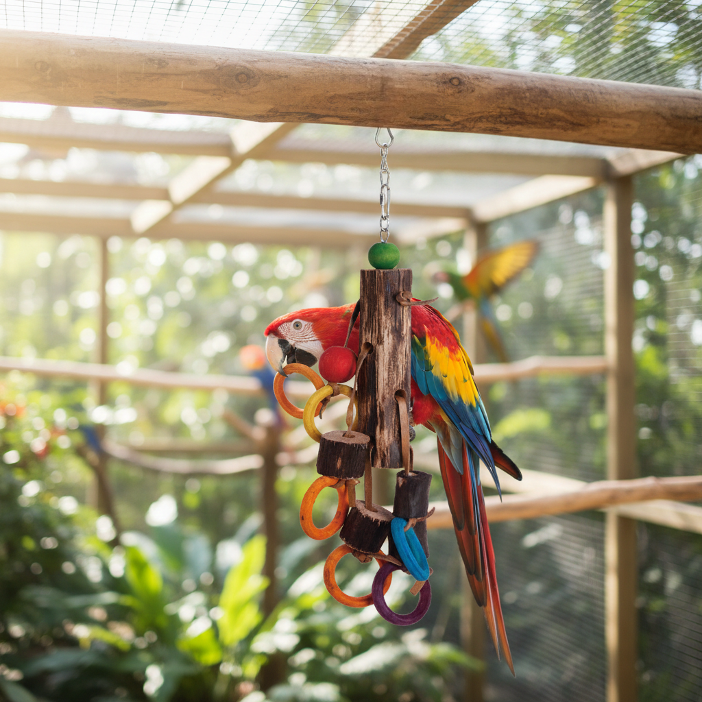 Papageienspielzeug 45cm aus Naturholz - Buntes Vogelspielzeug in einem Vogelkäfig mit einem Papageien