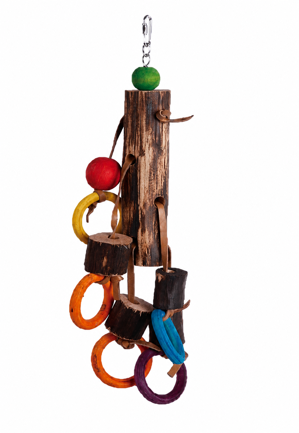 Freigestellte Produktansicht von Papageienspielzeug 45cm aus Naturholz - Buntes Vogelspielzeug