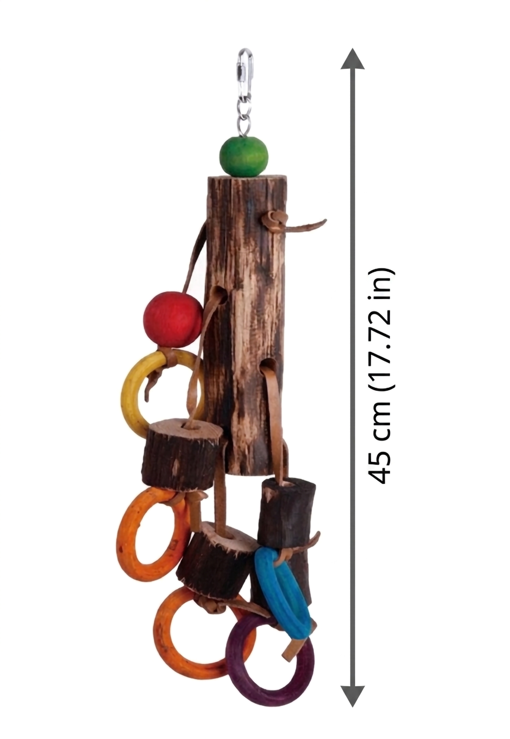 Freigestellte Produktansicht von Papageienspielzeug 45cm aus Naturholz - Buntes Vogelspielzeug mit Abmessungen neben dem Produkt.