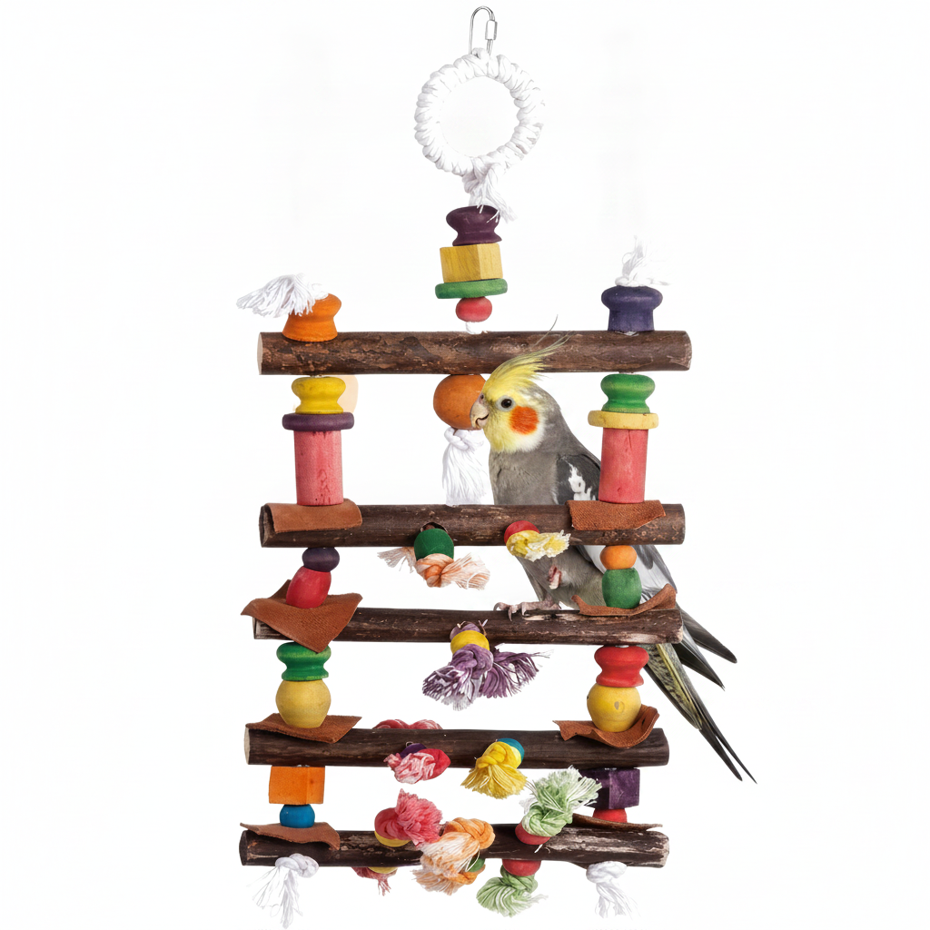 Freigestellte Produktansicht von Papageienschaukel 58cm aus Naturholz - Bunte Vogelschaukel mit einem Nymphensittich