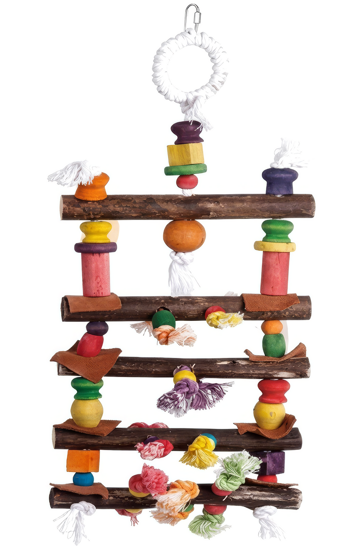 Freigestellte Produktansicht von Papageienschaukel 58cm aus Naturholz - Bunte Vogelschaukel