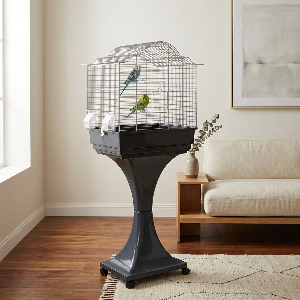 Mega Vogelkäfig Wellensittich Kanarien mit Ständer - Anthrazit/Chrom in einem Wohnzimmer