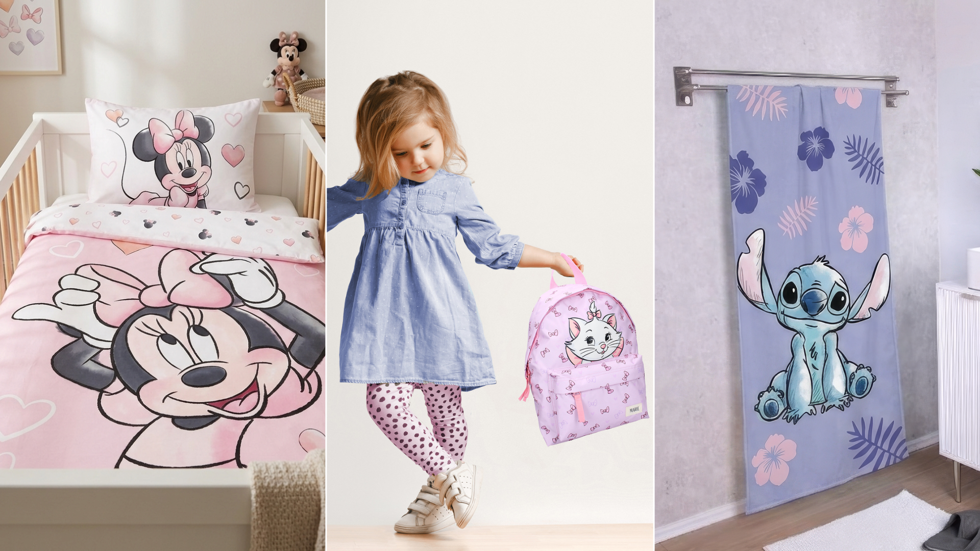 Dreigeteiltes Bild: Links rosa Minnie-Mouse-Kinderbettwäsche im Gitterbett, mittig ein kleines Mädchen mit lila Marie-Katzen-Rucksack, rechts ein blaues Stitch-Badetuch am Handtuchhalter.