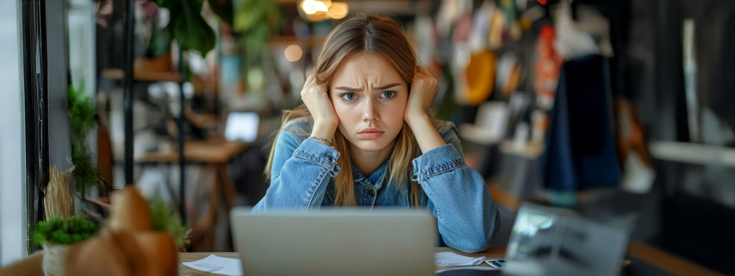 Junge Frau sitzt frustriert vor einem Laptop und hält sich die Hände an den Kopf – Hilfe bei Problemen im Online-Shop