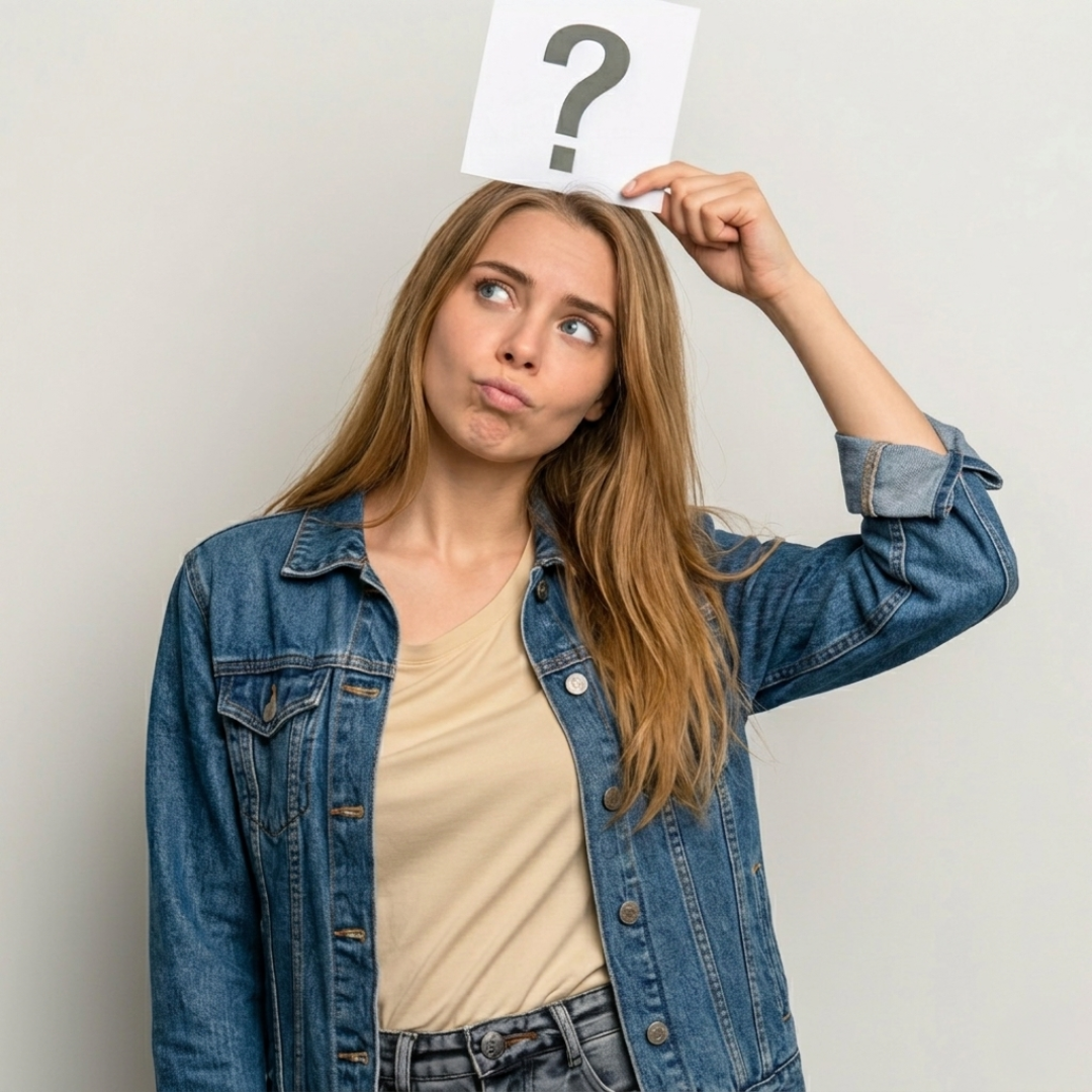 Junge Frau mit Jeansjacke hält ein Schild mit Fragezeichen über den Kopf – Hilfe und FAQ