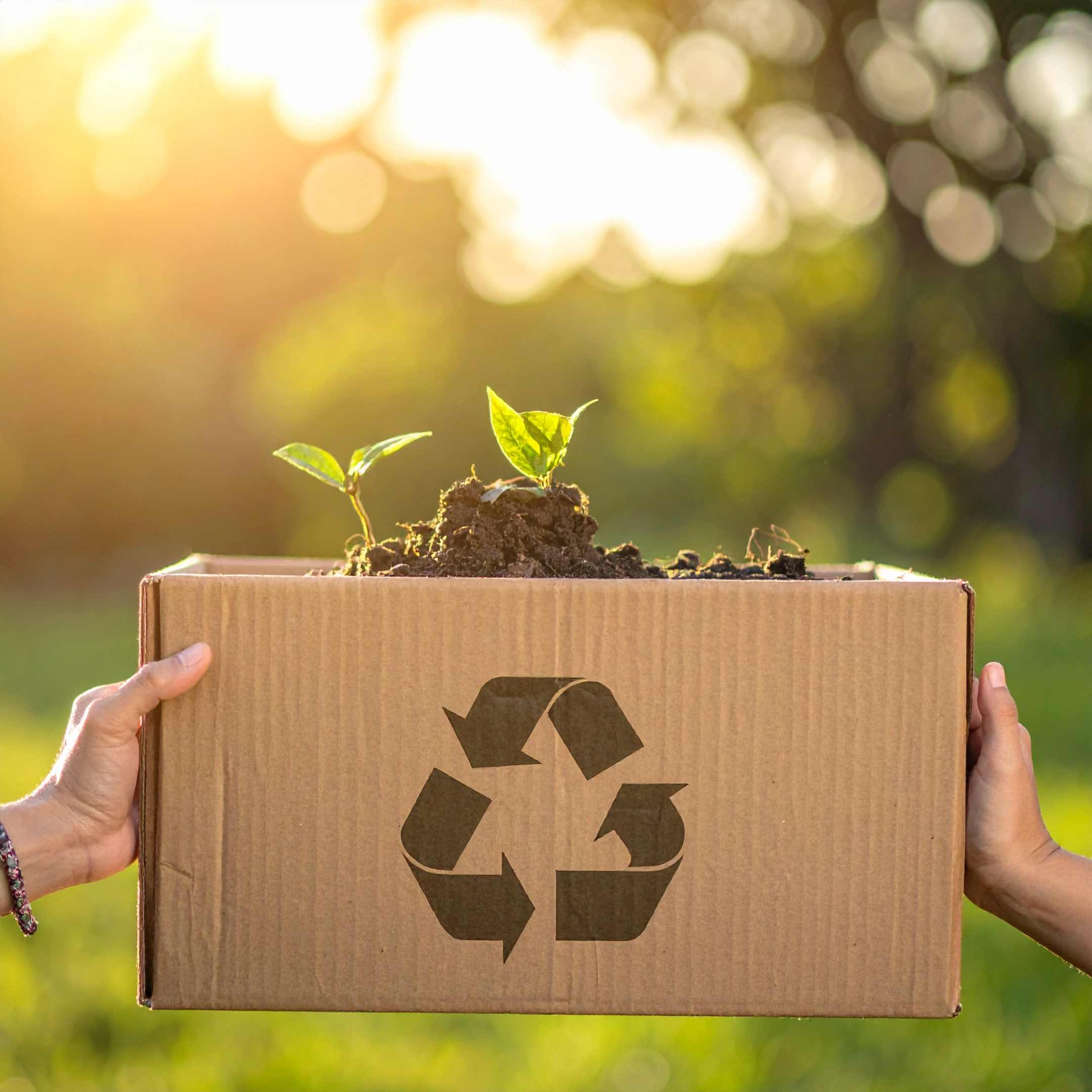 Hände halten einen wiederverwendeten Versandkarton aus Pappe mit einem Recycling Symbol, aus dem kleine grüne Pflanzen wachsen