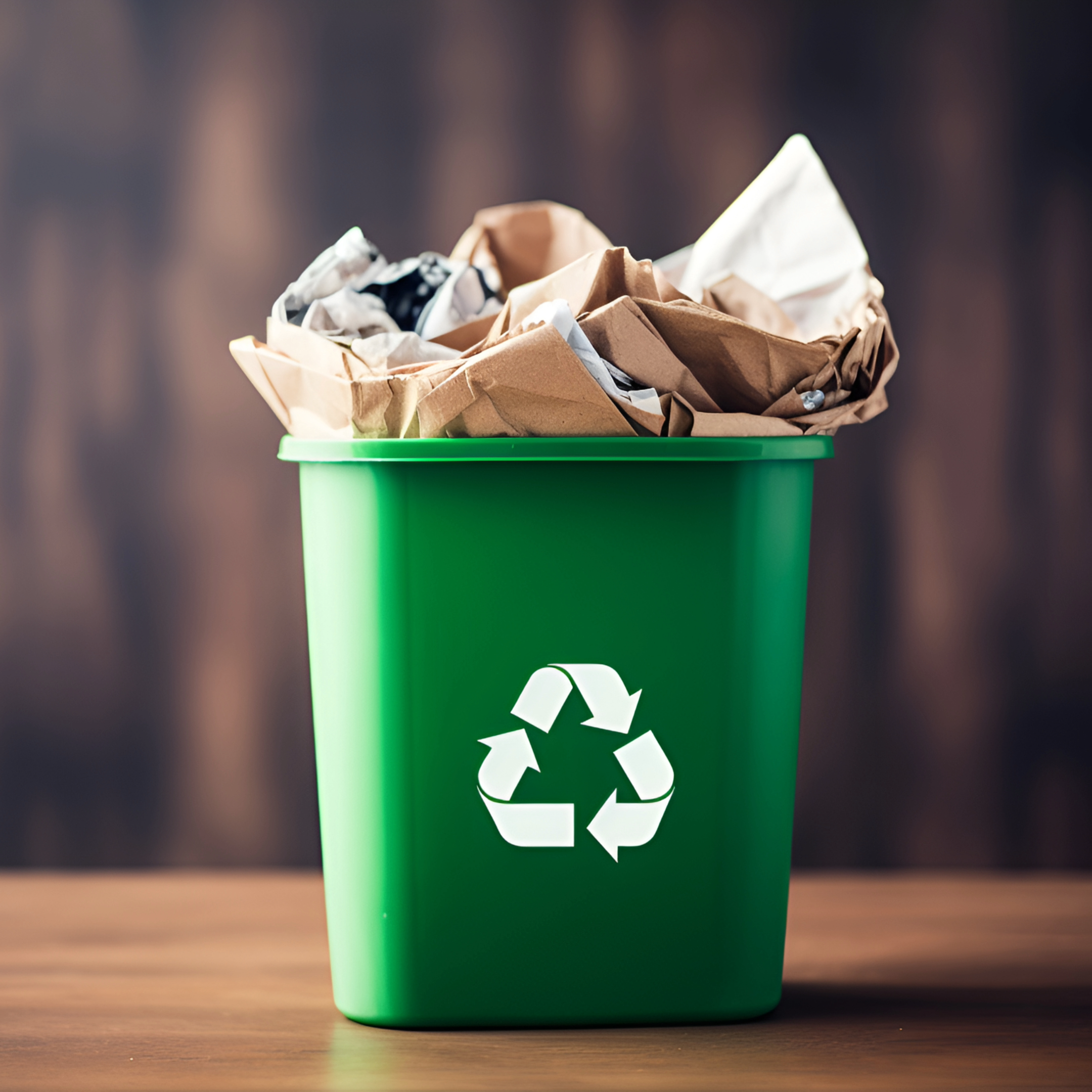 Eine grüne Mülltonne mit einem weißen Recycling Symbol ist mit zerknülltem Packpapier und Kartonagen für die Altpapier Entsorgung gefüllt