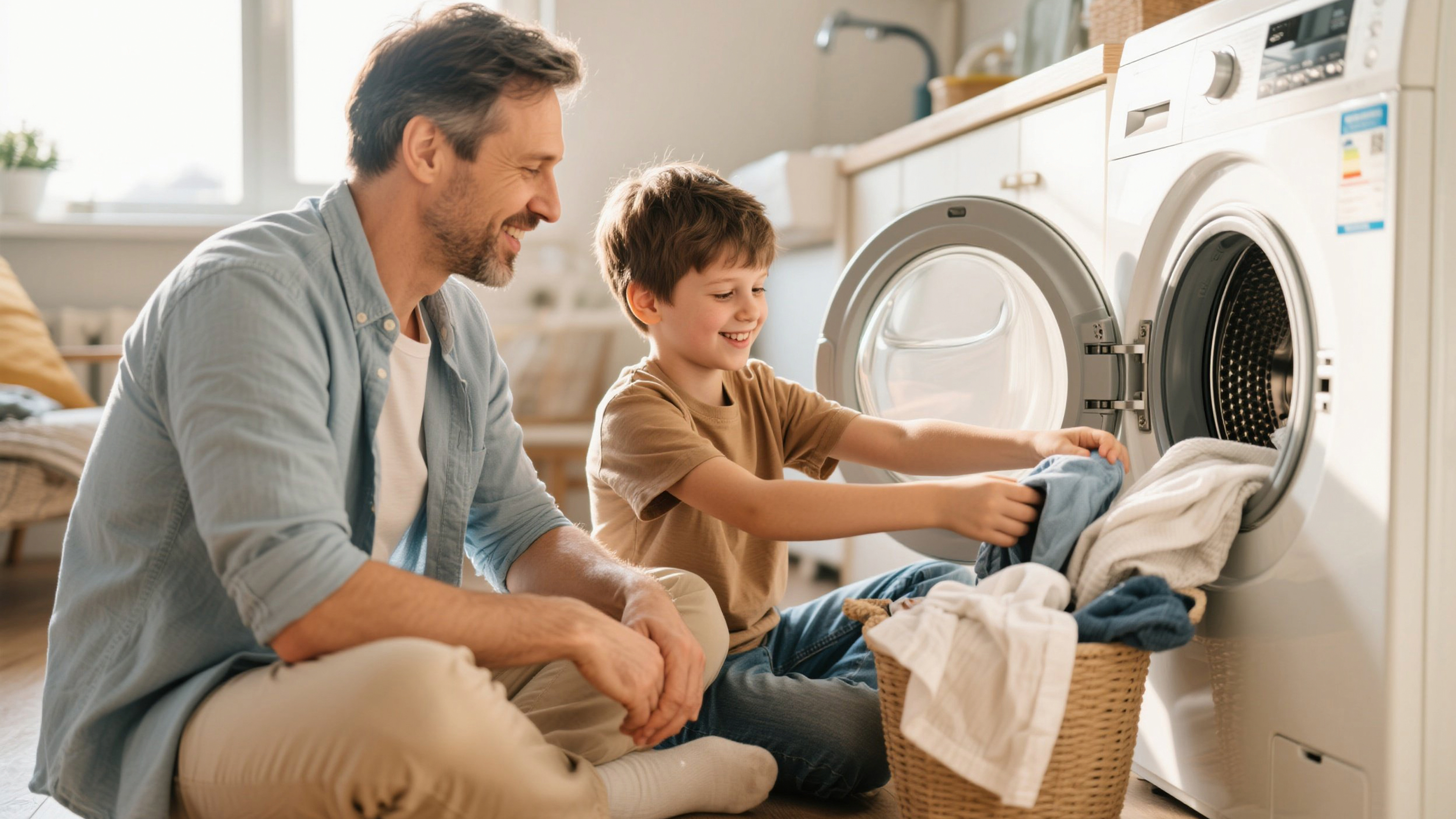 Ein Vater und sein Sohn sitzen vor der Waschmaschine und prüfen die Textilien aus dem Wäschekorb auf ihre Pflege und Sauberkeit